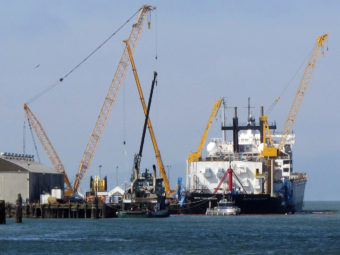 Shell Oil's Arctic Challenger oil-spill response rig is under construction at the Bellingham Shipping Terminal.