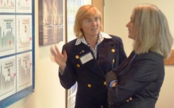 Science panel member Michelle Ridgway and Juneau Rep. Cathy Muñoz talk during the Cruise Ship Science Panel's technology open house Sept. 20 in Juneau.
