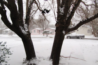 Blizzard conditions persist in Lubbock, Texas, on Monday. The storm system packing snow and high winds has been tracking eastward across western Texas toward Oklahoma, Kansas and Missouri. Betsy Blaney/AP