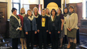 The women members of the Alaska House Majority Caucus don special camouflage scarves in support of a pair of gun rights bills on Monday’s House floor calendar. (House Majority Press handout)