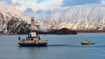 An Army CH-47 Chinook helicopter delivers heavy equipment to the conical drilling unit Kulluk in Kiliuda Bay, Alaska, about 25 miles south of Kodiak City, Monday, Jan. 7, 2013. The Chinook helicopters delivered three loads of equipment to the Kulluk including two generators and a compressor. U.S. Coast Guard photo by Petty Officer 3rd Jonathan Klingenberg.