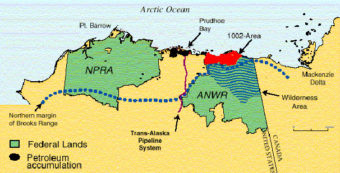 Map of Northern Alaska and Northwestern Canada Showing the Locations of the National Petroleum Reserve-Alaska (NPR-A), Arctic National Wildlife Refuge (ANWR), 1002 Area, Current Productive Area, and Trans-Alaska Pipeline System (TAPS)
