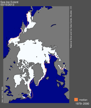 Chart of arctic sea ice extent on March 15