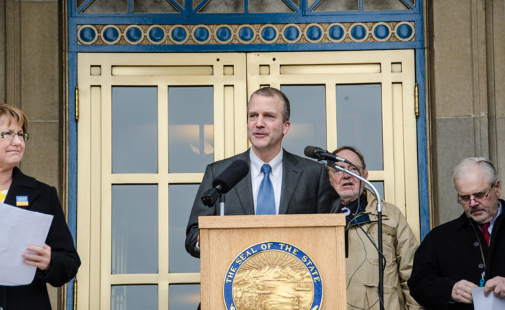 DNR Commissioner Dan Sullivan led the Juneau rally. (Photo by Heather Bryant/KTOO)
