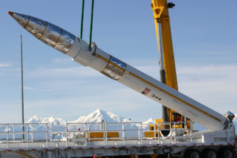 A ground-based missile interceptor is lowered into its missile silo during an emplacement at the Missile Defense Complex at Fort Greely, Alaska in 2006. (Photo courtesy U.S. Army)