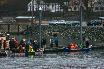 The two canoes prepare to leave Juneau on April 24.