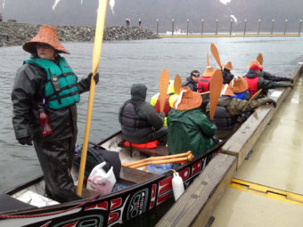 In Juneau on Tuesday, canoes were launched for an 8-day trip to Wrangell for the rededication of the Chief Shakes Clan House.