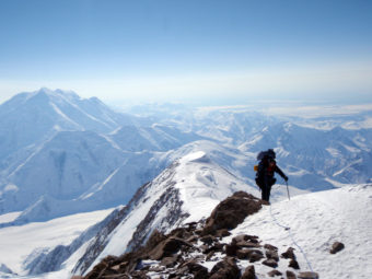 Chief Master Sgt. Paul Barendregt climbs up the prow of the West Buttress on Mount McKinley conducting winter rescue and glacier training. Barendregt and four other Alaska Air National Guardsmen with the 212th Rescue Squadron became the first group to reach the 20,320-foot peak of Mount McKinley this year after summiting North America’s tallest mountain May 9. Photo courtesy of the Alaska Air National Guard