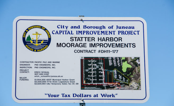 A sign explaining the Statter Harbor Moorage Improvements