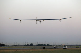 Pilot Bertrand Piccard takes off in the Solar Impulse solar electric airplane at Moffett Field in Mountain View, California, on Friday. Beck Diefenbach/Getty Images