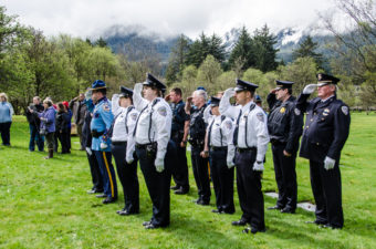 Officers and Troopers stand at attention as the wreath is placed.