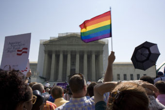 The crowd outside the Supreme Court yesterday.