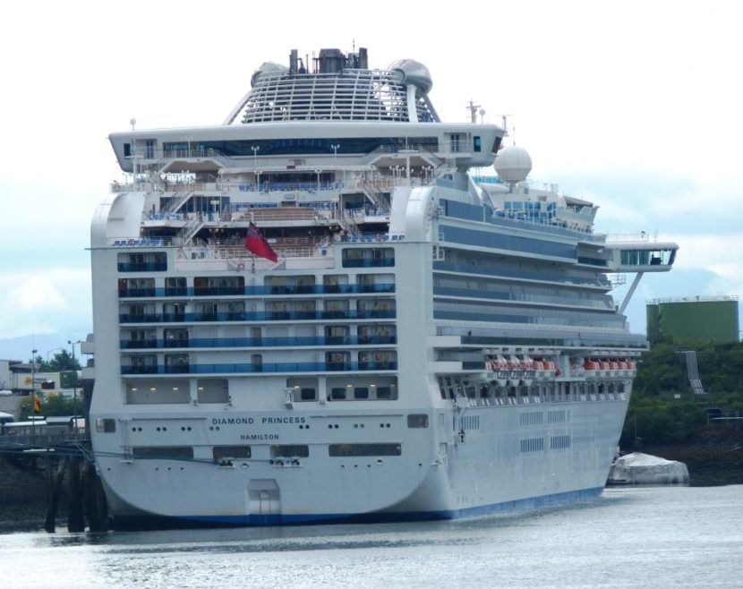 The Diamond Princess cruise ship ties up in Juneau's Gastineau Channel. (KTOO file photo)