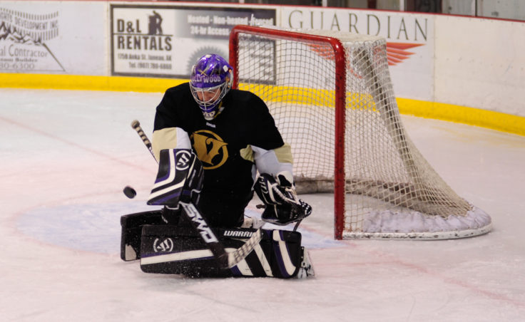 Stephen “Hollywood” Morrison turns back one of his 22 saves in a Tier A game Sunday, one of five that helped the Juneau Adult Hockey Association kickoff its fall season.