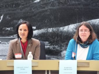 Lisa Worl and Barbara Thurston at the forum hosted by the League of Women Voters.