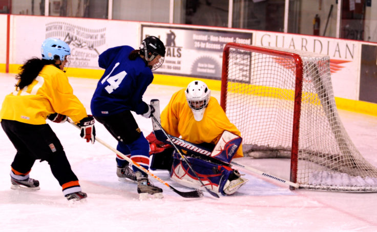 Christy Hartman trails closely behind Jessie Kovach, who comes crashing down on goalie Lucy Domingez during the 10th Annual Jamboree women’s hockey tournament at Treadwell Ice Arena.