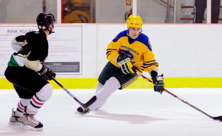 Svensson Boatworks’ Jim Sheehan cuts hard then rips off a shot in a first-round playoff game versus the Viking. Sheehan scored three straight goals that game for his team, which eventually advanced to the Tier A title game.