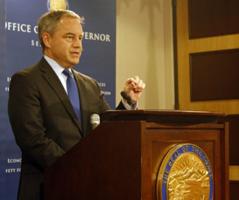 Governor Sean Parnell discusses his proposed FY15 budget. (Photo by Josh Edge/APRN)
