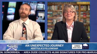 Beth Kerttula was a guest in Alaska Robotics’ latest satirical news short. (Screen capture courtesy Alaska Robotics)