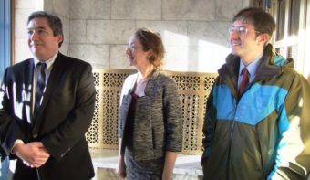 Sam Kito III, Catherine Reardon & Jesse Kiehl take questions from reporters Monday morning in capitol entry way.