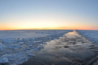The Canadian Coast Guard Ship Louis S. St-Laurent trails the Coast Guard Cutter Healy as the two ships work their way farther north to research the floor of the Arctic Ocean Sept. 2, 2009. (Photo by Patrick Kelley, U.S. Coast Guard)