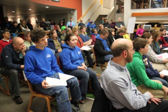 Tuesday night's Board of Education meeting to discuss the school budget had a packed audience. (Photo by Lisa Phu/KTOO)