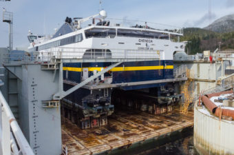 The M/V Chenega up on blocks in drydock at the Ketchikan Shipyard for maintenance and repairs. The Chenega is one of two fast ferries in the Alaska Marine Highway System. The ship has a service speed of 32 knots.