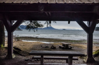 The site has a number of shelters with vandalized posts and damaged roofs. (Photo by Heather Bryant/KTOO)