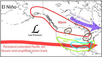 Map of predicted El Niño weather patterns. (Graphic courtesy National Weather Service)
