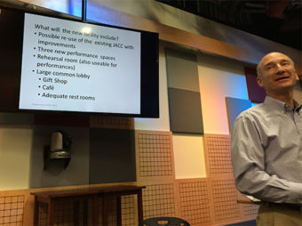 Tony Foreman, a consultant with the international firm Theatre Projects Consultants, talks about plans for the center. (KTOO Photo)