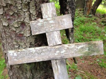 A Russian Orthodox grave marker of an Atka villager in the Killisnoo cemetery.