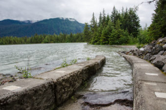 The walkway near Skater's Cabin is beginning to fill with lake water. (Photo by Heather Bryant/KTOO)