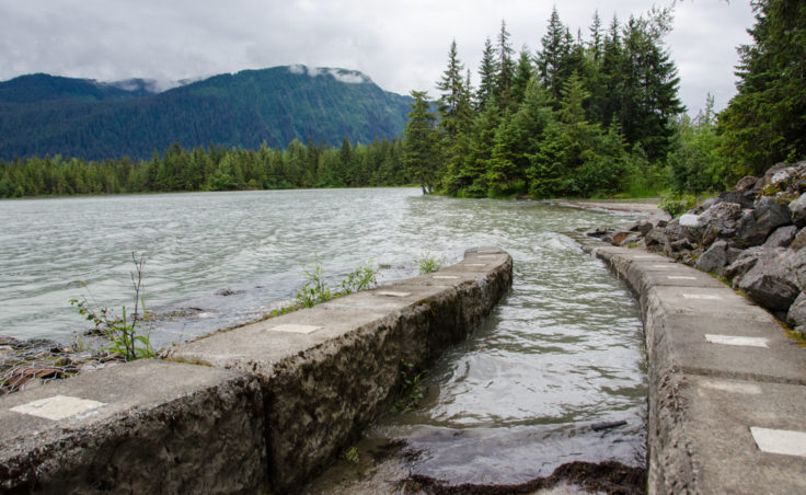 The walkway near Skater's Cabin is beginning to fill with lake water. (Photo by Heather Bryant/KTOO)