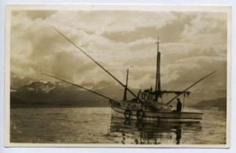 This is a salmon troller fishing near Petersburg in the 1930s. Creative Commons Photo by Tom Brandt)