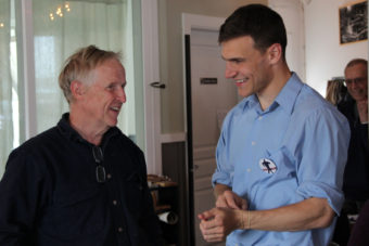 Democrat Forrest Dunbar campaigned in Sitka on August 7, 2014. (Photo by Rachel Waldholz/KCAW)