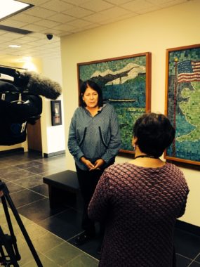 AFN President, Julie Kitka talks with reporters at the Bonney Courthouse.