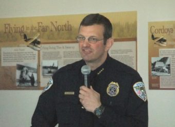 Juneau Police Chief Bryce Johnson at the Chamber of Commerce Thursday in the Alaska Room of the Juneau Airport. (Photo by Rosemarie Alexander/KTOO)