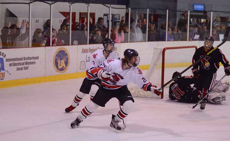 Juneau’s Ryan Liebelt reacts to putting the Bears on top with the first of his two goals in Friday night’s game won by Juneau, 5-2.
