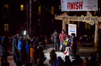 Dallas Seavey at the finish line of the 2014 Iditarod. (Photo by David Dodman/KNOM)