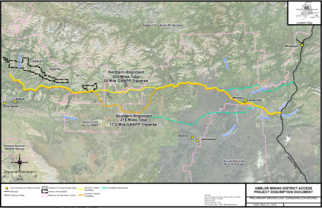 A map of AIDEA’s proposed routes for the Ambler Mining District Industrial Access Road. (Image courtesy the Alaska Industrial Development and Export Authority)