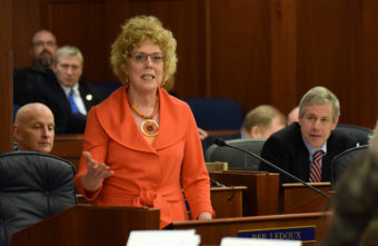 Rep. Gabrielle LeDoux, R-Anchorage, wraps up debate on House Bill 123 to establish a marijuana control board in Alaska, April 14, 2015. (Photo by Skip Gray/360 North)