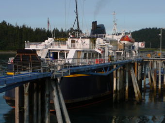 The state ferry LeConte docks in Auke Bay. Its summer sailings from Mitkof Island to Prince of Wales Island have been canceled. (Photo by Ed Schoenfeld/CoastAlaska News)