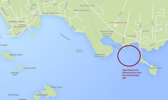 An estimated 4,000 to 7,000 gallons of diesel leaked from the Jarvis Street Diesel Plant, with some portion of it reaching Sitka Sound, though it’s not yet clear how much. (KCAW graphic)