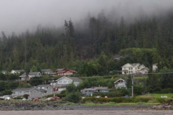 The early morning slide on Kramer Avenue, visible here in the center of the photo, destroyed one house and damaged another. (Photo by Rachel Waldholz/KCAW)