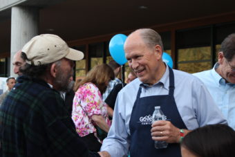 Gov. Bill Walker greets people at his the Governor's Picnic at UAS in Juneau, Aug. 14, 2015. (Photo by Elizabeth Jenkins/KTOO)