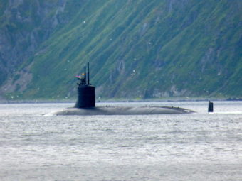 The USS Seawolf in Unalaska Bay on Aug. 14, 2015. (Photo by John Ryan/KUCB)