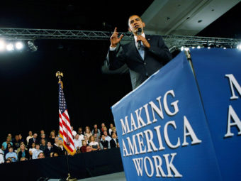 President Obama promotes the American Recovery and Reinvestment Act, also known as the stimulus package, in February 2009. Joe Raedle/Getty Images