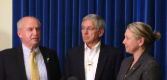 Alaska Lt. Gov. Byron Mallott, center, holds a press conference in May with B.C. Mines Minister Bill Bennett and Environment Minister Mary Polak. Bennett and other officials visit Southeast Alaska Aug. 24-27.(Photo courtesy B.C. government)