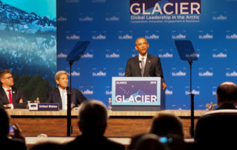 Obama delivers closing remarks at the GLACIER conference, focusing on the ways climate change is already taking a dramatic toll on Alaska. (Photo by Zachariah Hughes/KSKA)