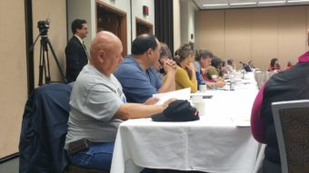 Tribal leaders prepare for the 4th annual Alaska Federation of Natives and National Congress of American Indians conference at the Egan Convention Center in Anchorage. (Photo by Jennifer Canfield/KTOO)